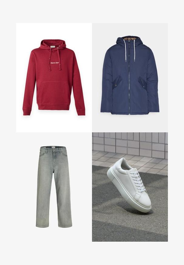 Navy blue padded jacket with a hood, featuring a front zipper, two side pockets with buttons, and white drawstrings.; Red cotton hoodie with a front pouch pocket, drawstring hood, ribbed cuffs, and embroidered "Originals Studio" logo on the chest.; Light gray, loose-fitting jeans made of denim. Features a classic five-pocket design, belt loops, and a straight leg silhouette.; White leather sneaker with a smooth surface, round toe, and flat white laces. Features a textured rubber sole and minimal design elements.