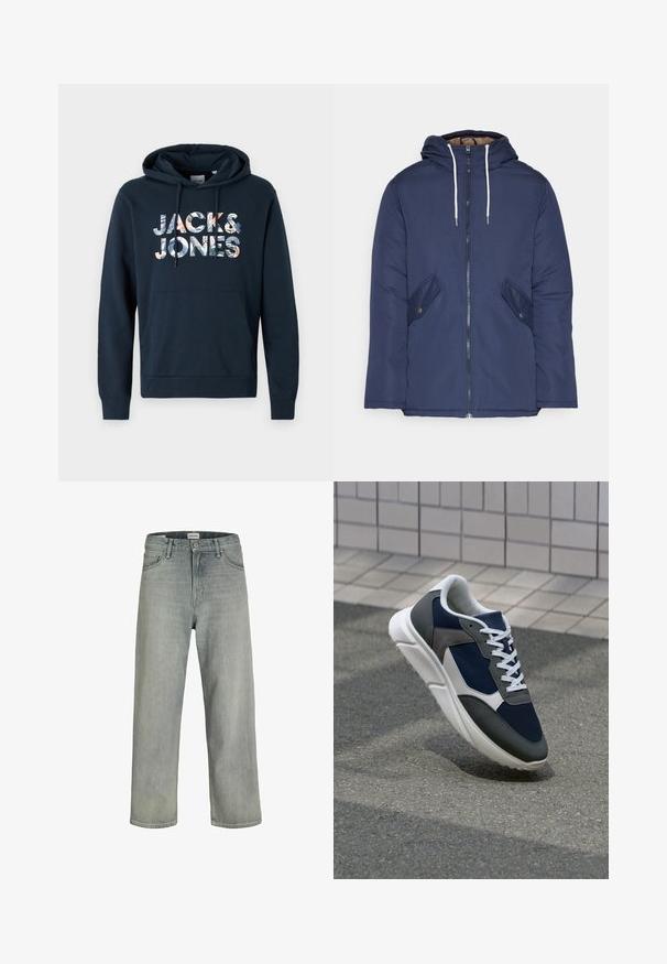 Navy blue padded jacket with a hood, featuring a front zipper, two side pockets with buttons, and white drawstrings.; Navy blue hoodie with a kangaroo pocket, drawstring hood, and a graphic "JACK & JONES" print featuring floral patterns in various colors.; Light gray, loose-fitting jeans made of denim. Features a classic five-pocket design, belt loops, and a straight leg silhouette.; Sneaker featuring a navy blue mesh upper, gray suede accents, white rubber sole, and flat white laces, designed for comfort and breathability.