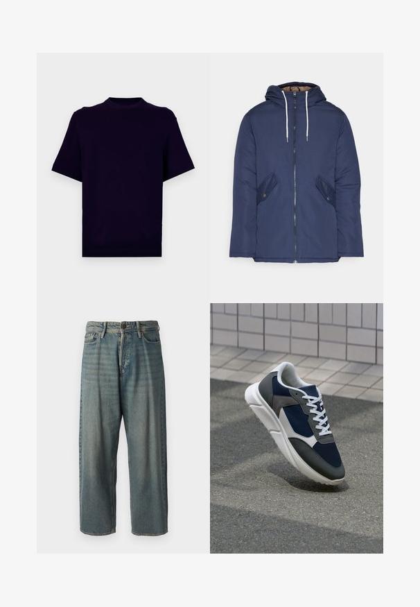 Σακάκι ναυτικού μπλε με επένδυση και κουκούλα, με φερμουάρ μπροστά, δύο πλάγιες τσέπες με κουμπιά και λευκές κορδόνες.; Κοντομάνικη μπλούζα σε σκούρο μωβ χρώμα, κατασκευασμένη από μαλακό ύφασμα. Διαθέτει στρογγυλή λαιμόκοψη και ριμπ τελείωμα στο κάτω άκρο και στα μανίκια.; Ανοιχτό μπλε τζιν παντελόνι με χαλαρή γραμμή, μέση μέσου ύψους και ευθείες γραμμές. Περιλαμβάνει πέντε τσέπες, θηλιές ζώνης και κούμπωμα με κουμπί.; Αθλητικά παπούτσια με επάνω μέρος από ναυτικό μπλε διχτυωτό ύφασμα, γκρι σουέτ λεπτομέρειες, λευκή καουτσούκ σόλα και επίπεδα λευκά κορδόνια, σχεδιασμένα για άνεση και αερισμό.
