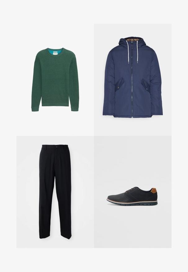 Jachetă căptușită bleu marin cu glugă, având un fermoar frontal, două buzunare laterale cu nasturi și șnururi albe.; Pulover verde din tricot, cu guler rotund, mâneci lungi, textură ribbed și o culoare contrastantă albastră la gulerul interior. Design simplu, fără modele vizibile.; Pantaloni negri cu picioare drepte, cu bucle pentru curea, închidere cu nasture și un design elegant, minimalist, pe un fundal neutru.; Pantofi sintetici negri cu un superior texturat, accente netede, toc maro și o talpă contrastantă. Prezintă un șnur minimalist și detalii de cusătură.