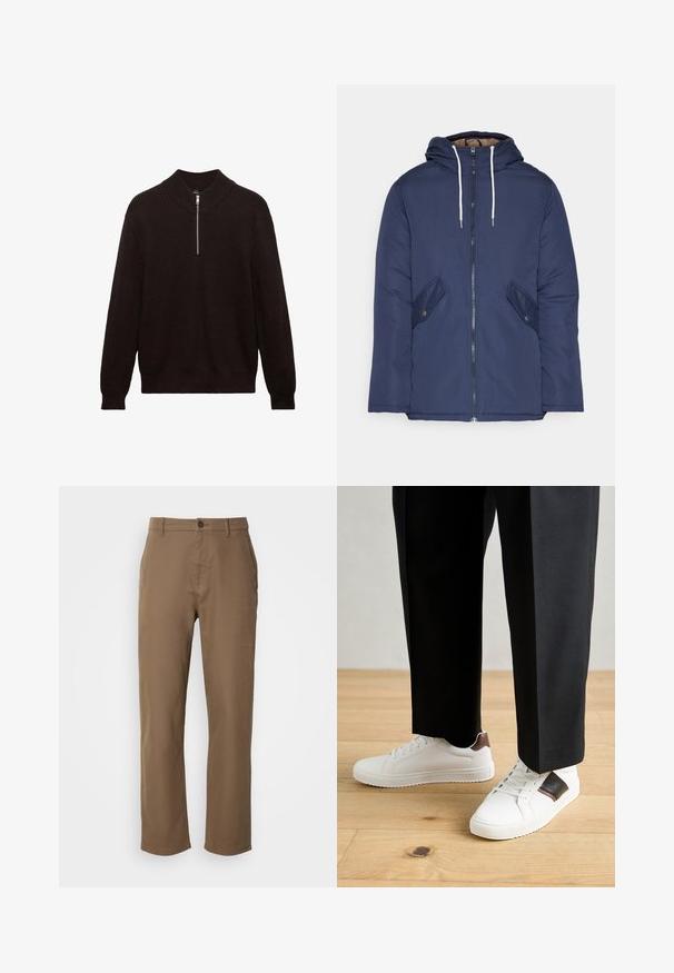 Giacca imbottita blu navy con cappuccio, dotata di zip frontale, due tasche laterali con bottoni e lacci bianchi.; Maglione lavorato a maglia marrone scuro con colletto alto, zip a quarto davanti e texture a coste. Presenta maniche lunghe e una vestibilità morbida.; Pantaloni in cotone marrone con vestibilità dritta, chiusura con bottone e tasche laterali. Presentano una texture liscia e un design semplice, non decorato.; Sneakers bianchi dalla texture liscia, con dettagli in pelle marrone e particolari neri, abbinati a pantaloni neri su misura. Sfondo in parquet.