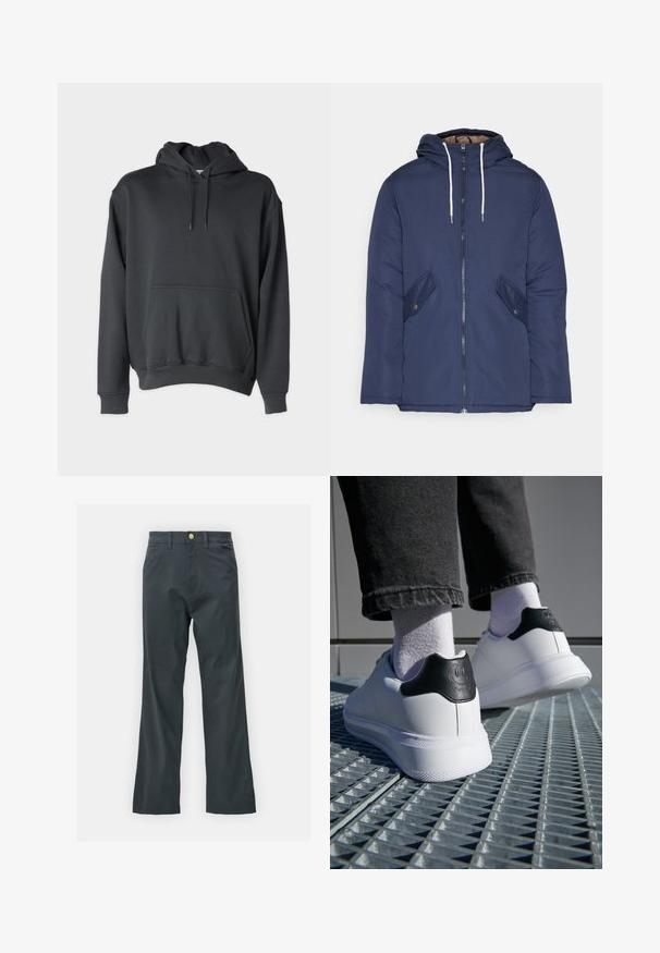 Laivasilkkinen vuorattu takki hupulla, jossa on etuvetoketju, kaksi nappikiinnityksellä varustettua sivutaskua ja valkoiset nyörit.; Tummaharmaa huppari, joka on valmistettu pehmeästä kankaasta. Siinä on etutasku, nyörit hupussa ja ribbaus hihansuissa ja helmassa.; Mustat housut suoran lahkeen leikkauksella, valmistettu puuvillasekoitekankaasta. Varustettu metallinappikiinnityksellä ja sivutaskuilla. Ei näkyviä kuvioita.; Valkoiset lenkkarit, joissa on musta kantatuki, jossa on hymyilevät kasvot -kuvio, sileää nahkaa, tasainen kumipohja ja teksturointiyksityiskohtia.