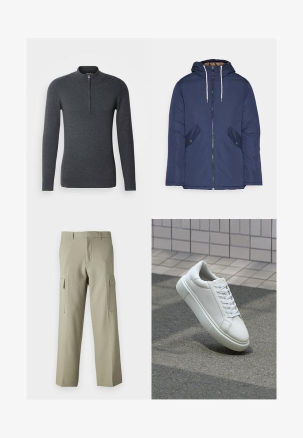 Laivasilkkinen vuorattu takki hupulla, jossa on etuvetoketju, kaksi nappikiinnityksellä varustettua sivutaskua ja valkoiset nyörit.; Tumma harmaa neulepusero korkealla kauluksella ja lyhyellä vetoketjulla edessä. Valmistettu pehmeästä, teksturoidusta kankaasta, pitkähihaiset ja ribbaatut hihansuunsuu.; Vaaleanvihreät cargo-housut suoranlahkeisella muotoilulla, joissa on sivutaskut ja sileä kankaan koostumus. Takaviistosta näkymä esillä.; Valkoinen nahkainen lenkkari, jossa on sileä pinta, pyöreä kärki ja tasaiset valkoiset nauhat. Varustettu teksturoidulla kumi-pohjalla ja vähäisillä muotoiluelementeillä.