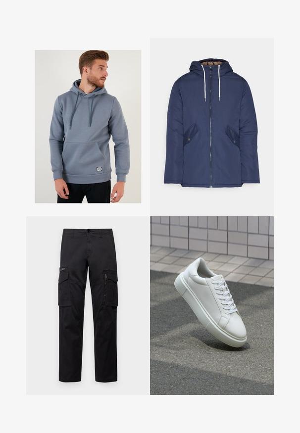 Chaqueta acolchada de color azul marino con capucha, cuenta con un cierre frontal de cremallera, dos bolsillos laterales con botones y cordones blancos.; Sudadera gris con bolsillo frontal, capucha ajustable con cordón, puños y dobladillo acanalados, hecha de un material suave y liso. Presenta un parche con el logo.; Pantalones cargo negros con múltiples bolsillos, un bolsillo con cremallera en el muslo, corte recto y tejido de algodón resistente con un ligero brillo.; Zapatilla de cuero blanca con una superficie lisa, punta redonda y cordones blancos planos. Presenta una suela de goma texturizada y elementos de diseño mínimos.