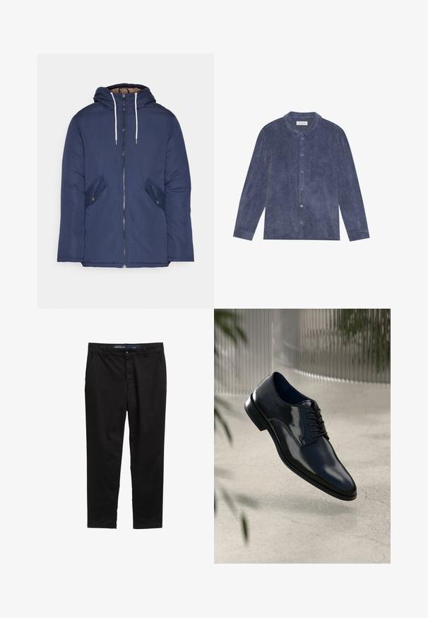 Marineblauwe gewatteerde jas met een capuchon, voorzien van een rits aan de voorkant, twee zijzakken met knopen en witte trekkoorden.; Overhemd met knopen in donkerblauwe corduroy, met een kraag, een borstzak en lange mouwen met knoopmanchetten; gemêleerde oppervlakte.; Zwarte chino's gemaakt van een katoenmix. Heeft een rechte pijpdesign, twee zijzakken en een metalen knoopsluiting in de taille.; Donkerblauwe leren dresschoenen met een gepolijste afwerking, vetersluiting, lichtgebogen neus en een gladde textuur.