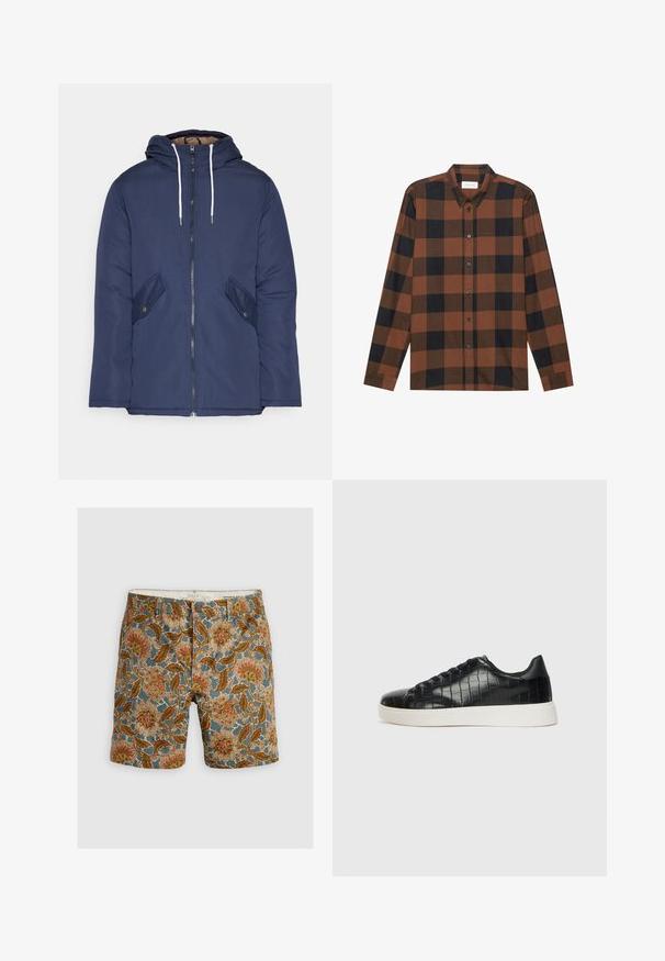 Tumesinine vahtkatseline jakk, millel on kapuuts, esilukk, kaks küljetaskut nupuga ja valged tõmblukud.; Pruuni ja musta ruudulise mustriga pikavarrukaga särk, millel on nööbiga krae ja nööbitud lipik; omaduseks on kinnitatud varrukad.; Mustrihõlmad sinise taustaga, millel on pruunid, oranžid ja kreemjad lillemustrid. Valmistatud puuvillast ja nööbiga kinnitusega.; Mustad mustad mustad kroko-reljeefiga nahast ülemine osa, ümar varvas ja kontrastne valge kummitald, millel on sile viimistlus.