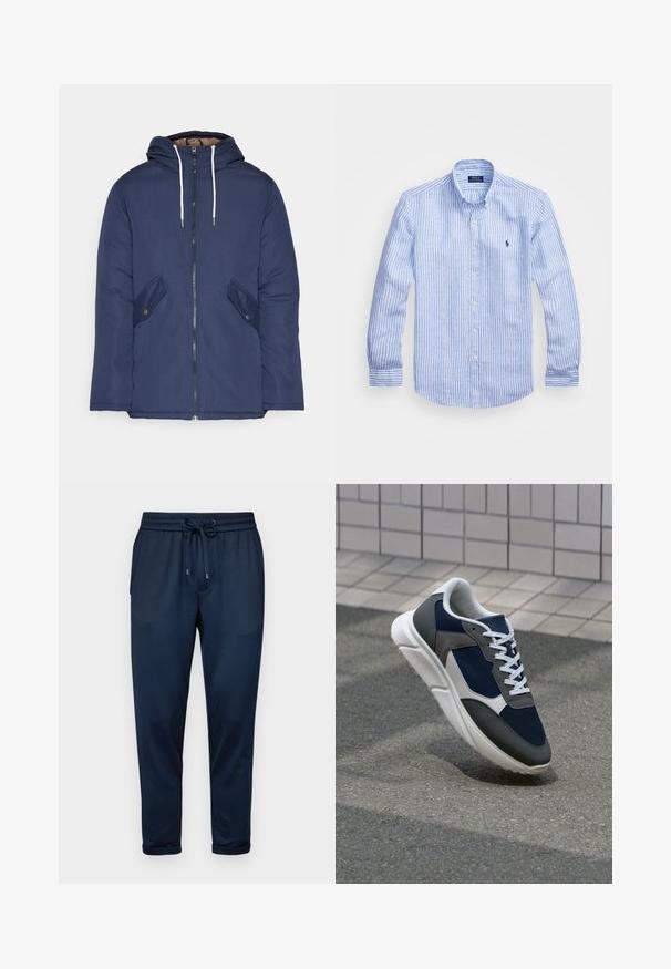 Jūras zila pufīgā jaka ar kapuci, kas aprīkota ar priekšējo rāvējslēdzēju, divām sānu kabatām ar pogām un baltiem aukliņām.; Zila un baltā svītru garām piedurknēm krekls izgatavots no kokvilnas, ar pogājamu apkakli, priekšējām pogām un nelielu izšūtu logotipu uz krūtīm.; Only & Sons SLINUS - Treniņtērpa apakšdaļas - navy; Sporta apavi ar tumši zilas krāsas tīkla augšdaļu, pelēku zamšādas akcentiem, baltu gumijas zoli un plakaniem baltiem šņorēm, kas izstrādāti komfortam un elpojamībai.