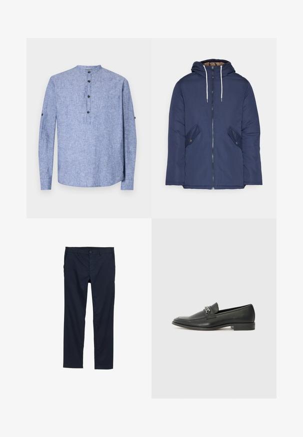 Námornícky modrá vystužená bunda s kapucňou, so zipsom vpredu, dvomi bočnými vreckami s gombíkmi a bielymi šnúrkami.; Svetlomodrá košeľa s dlhým rukávom a okrúhlym výstrihom, s pätkou so tromi čiernymi gombíkmi a gombíkovými manžetami. Hladká textúra látky.; Námořnické modré lehké kalhoty s hladkým povrchem, rovnými nohavicemi, zapínáním na knoflík a bočními kapsami.; Čierne kožené loafers s hladkým povrchom, s prešitým dizajnom a dekoratívnym kovovým reťazovým akcentom cez priehlavok. Plochý podpätok.