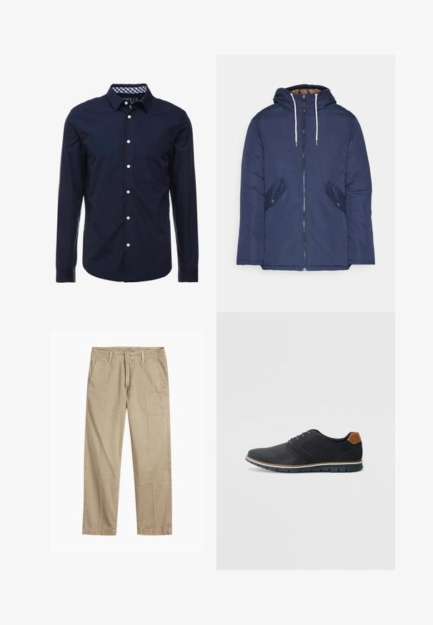 Marineblau gepadded Jacke mit Kapuze, ausgestattet mit einem Reißverschluss vorne, zwei seitlichen Taschen mit Knöpfen und weißen Kordeln.; Marineblaue Langarmbluse mit einem Button-Down-Kragen, kontrastierendem kariertem Innenkragen und weißen Knöpfen auf der Vorderseite. Glatte Textur.; Beige gerade geschnittene Chinos mit Gürtelschlaufen, vorderem Knopf- und Reißverschlussverschluss sowie schrägen Fronttaschen.; Schwarze synthetische Schuhe mit einer strukturierten Oberseite, glatten Akzenten, braunem Absatz und einer kontrastierenden Sohle. Verfügt über minimale Schnürung und Nähdetails.