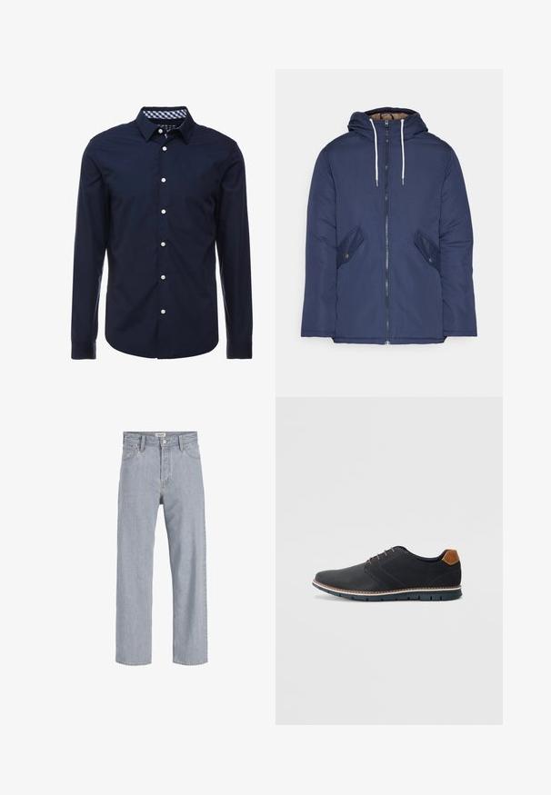 Veste matelassée bleu marine avec capuche, dotée d'une fermeture éclair à l'avant, de deux poches latérales avec boutons et de cordons de serrage blancs.; Chemise bleu marine à manches longues avec col boutonné, col intérieur à carreaux contrastés et boutons blancs sur le devant. Texture lisse.; Jean en denim bleu clair avec une coupe décontractée,à jambe droite, coutures visibles, deux poches avant et fermeture par bouton.; Chaussures synthétiques noires avec un dessus texturé, accents lisses, talon marron et semelle contrastante. Présente un laçage minimal et des détails de couture.