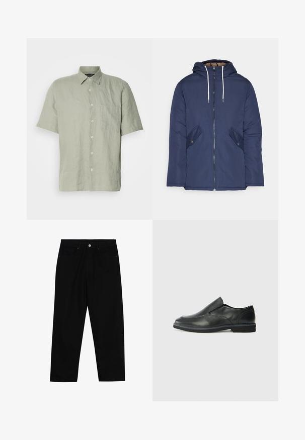 Giacca imbottita blu navy con cappuccio, dotata di zip frontale, due tasche laterali con bottoni e lacci bianchi.; Camicia a maniche corte con bottoni in lino verde chiaro, con colletto, taschino anteriore e cinque bottoni bianchi lungo la patta.; Pantaloni in denim nero con taglio dritto, design a cinque tasche e chiusura frontale con bottone. Tessuto liscio con dettagli di cucitura minimi.; Scarpa nera in pelle con inserto scivolare, superiore liscio, dettagli cuciti, punta arrotondata e tacco in gomma basso. La suola presenta un battistrada minimale.