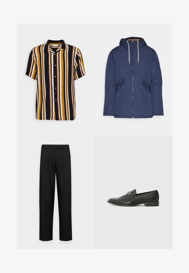 Σακάκι ναυτικού μπλε με επένδυση και κουκούλα, με φερμουάρ μπροστά, δύο πλάγιες τσέπες με κουμπιά και λευκές κορδόνες.; Καλοκαιρινό πουκάμισο κοντομάνικο με ρίγες σε κίτρινο, καφέ, μαύρο και λευκό, κάθετα, με κλασικό γιακά και ξύλινα κουμπιά.; Μαύρο παντελόνι από λείο ύφασμα, με ίσια γραμμή, δύο μπροστινές πιέτες και κανονική μέση με θηλιές ζώνης.; Μαύρη δερμάτινη λοφάρα με λείο φινίρισμα, που διαθέτει ραμμένο σχέδιο και διακοσμητική μεταλλική αλυσίδα πάνω από το μπροστινό μέρος. Χαμηλή φτέρνα.