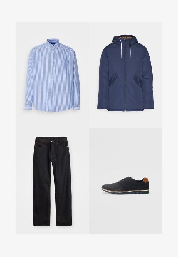 Chaqueta acolchada de color azul marino con capucha, cuenta con un cierre frontal de cremallera, dos bolsillos laterales con botones y cordones blancos.; Camisa de botones a rayas azules y blancas con collar, un bolsillo en el pecho y mangas largas, hecha de un tejido ligero.; Jeans de mezclilla negros de pierna recta para hombre, con cinco bolsillos y costuras en color naranja, cierre de botón y cremallera en la parte delantera de la cintura.; Zapatos sintéticos negros con un upper texturizado, acentos lisos, tacón marrón y una suela en contraste. Presenta un cordón mínimo y detalles de costura.