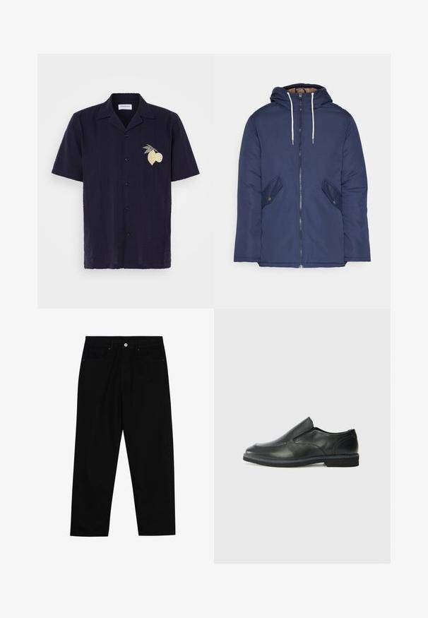 Veste matelassée bleu marine avec capuche, dotée d'une fermeture éclair à l'avant, de deux poches latérales avec boutons et de cordons de serrage blancs.; Chemise navy à manches courtes avec un motif texturé et des rayures verticales. Présente un design brodé de citron et de lime sur la partie gauche de la poitrine.; Pantalons en denim noir avec une coupe droite, un design à cinq poches et une fermeture à bouton à l'avant. Texture lisse avec des détails de couture minimaux.; Chaussure slip-on en cuir noir avec une tige lisse, des accents cousus, un bout arrondi et un petit talon en caoutchouc. La semelle présente un profil de traction minimal.