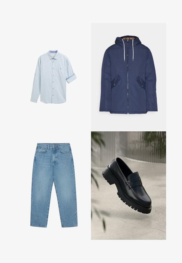 Marinblå vadderad jacka med huva, som har en framdragkedja, två sidofickor med knappar och vita dragsnören.; Ljusblå skjorta med lång ärm, uppvikta manschetter, ett enda bröstfick och bruna knappar för knäppning. Mjuk tygtextur.; Ljusblå denimbyxor med vida ben och hög midja, med fem fickor, bälteshällor och en mjuk, något urtvättad textur.; Svarta läder loafers med en kraftig sula, med en dekorativ rem och sömdetaljer. Slät yta med en polerad finish.