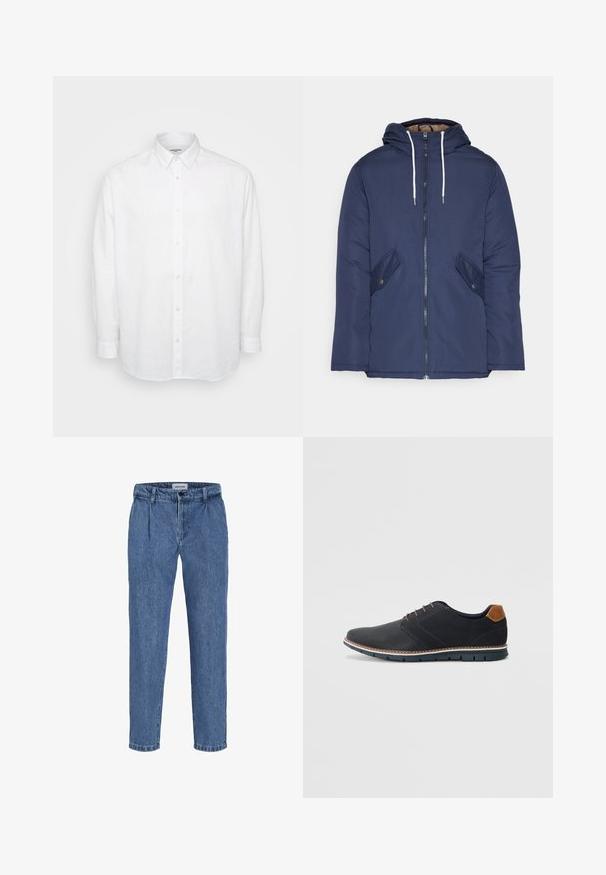 Námorně modrá prošívaná bunda s kapucí, která má přední zip, dvě boční kapsy s knoflíky a bílé šňůrky.; Bílá dlouhá košile s dlouhým rukávem vyrobená z lehkého lnu, s límečkem na knoflíky, předními knoflíky a uvolněným střihem s manžetami.; Světle modré džíny s volným střihem, s vysokým pasem, dvěma předními plisovanými částmi a ohrnutým lemem. Jednoduché zapínání na knoflík a zip.; Černé syntetické boty s texturovaným svrškem, hladkými detaily, hnědým podpatkem a kontrastní podrážkou. Obsahují minimální šněrování a švy.