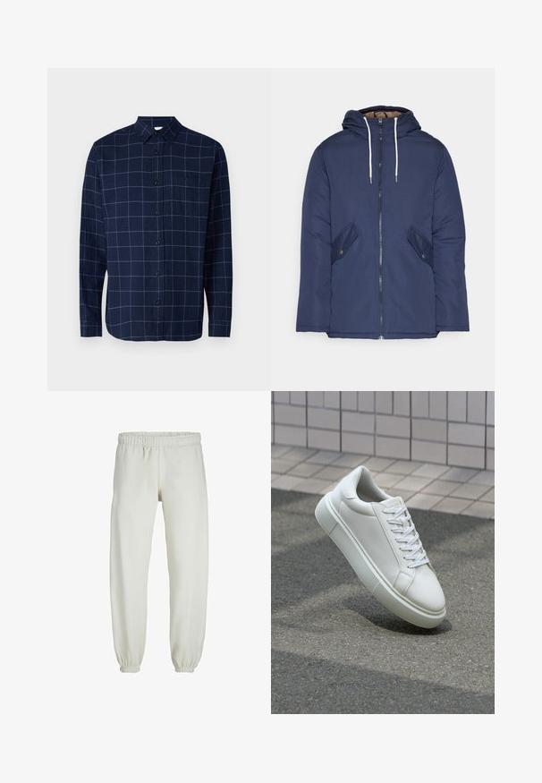 Giacca imbottita blu navy con cappuccio, dotata di zip frontale, due tasche laterali con bottoni e lacci bianchi.; Camicia abbottonata di colore blu navy con motivo a scacchi e righe azzurre, maniche lunghe, colletto e tasca sul petto.; Pantaloni tuta bianchi realizzati in tessuto morbido, dotati di vita e polsini elastici, con una texture liscia e una vestibilità ampia.; Sneaker bianco in pelle con superficie liscia, punta rotonda e lacci piatti bianchi. Presenta una suola in gomma texturizzata e un design minimale.