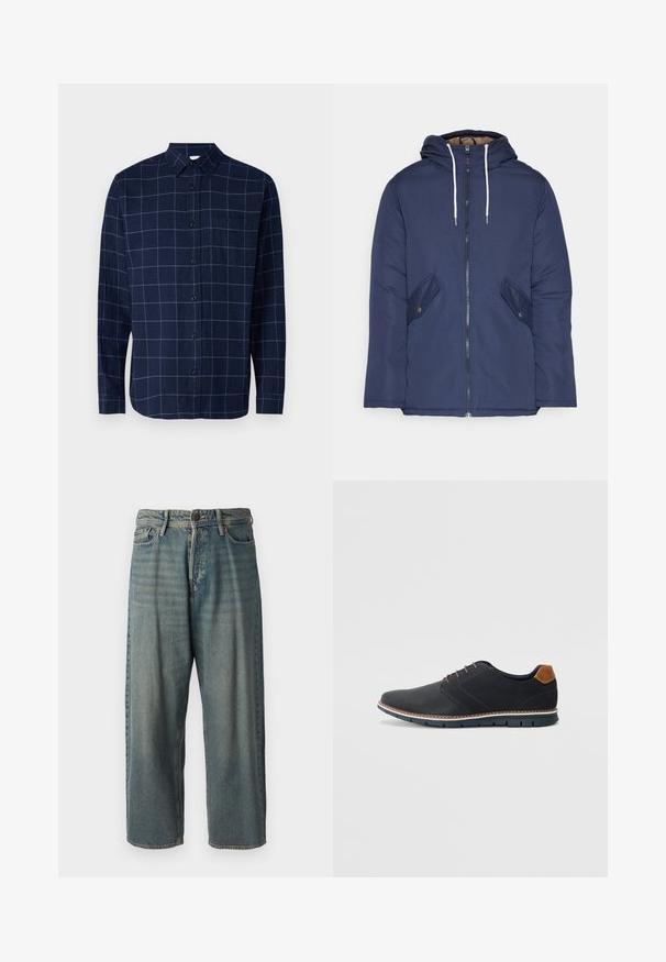 Sötétkék bélelt dzseki kapucnival, elülső cipzárral, két oldalsó zsebbel gombokkal és fehér húzózsinórokkal.; Tengerészkék gombos ing, világoskék csíkos kockás mintával, hosszú ujjú, galléros és mellzsebes.; Világoskék farmernadrág, laza fazonnal, közepes derékbőséggel és egyenes szárral. Öt zsebet, övbucskát és gombos záródást tartalmaz.; Fekete szintetikus cipők, textúrált felsőrésszel, sima díszítésekkel, barna sarkával és kontrasztos talppal. Minimális fűzéssel és varrási részletekkel rendelkezik.