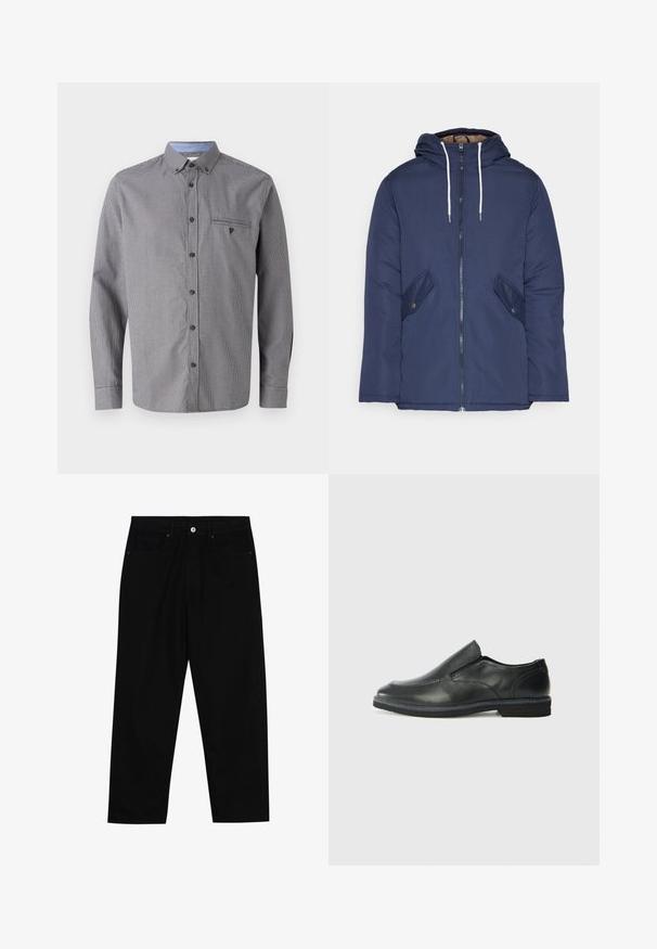 Marineblau gepadded Jacke mit Kapuze, ausgestattet mit einem Reißverschluss vorne, zwei seitlichen Taschen mit Knöpfen und weißen Kordeln.; Grau karierter Hemd mit langen Ärmeln, Button-down-Kragen, Brusttasche und kontrastierender hellblauer Innenseite des Kragens. Mit braunen Knöpfen.; Schwarze Jeans mit geradem Schnitt, Fünf-Taschen-Design und einem vorderen Knopfverschluss. Glatte Textur mit minimalen Nähten.; Schwarze Leder-Slipper mit glattem Obermaterial, gesteppten Akzenten, runder Zehenpartie und niedrigem Gummiabsatz. Die Sohle hat ein minimales Profil.