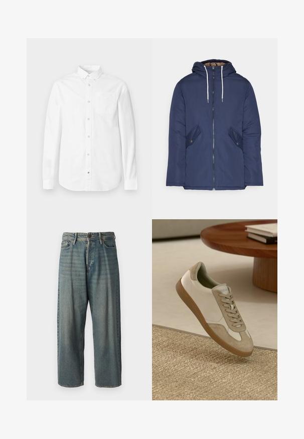 Sötétkék bélelt dzseki kapucnival, elülső cipzárral, két oldalsó zsebbel gombokkal és fehér húzózsinórokkal.; Fehér hosszú ujjú pamuting, gombos gallérral, elülső zsebbel és finom textúrával. Egyenes aljú, gombos záródással.; Világoskék farmernadrág, laza fazonnal, közepes derékbőséggel és egyenes szárral. Öt zsebet, övbucskát és gombos záródást tartalmaz.; Könnyű sneaker, fehér bőr felsőrésszel, bézs velúr díszítéssel, kerek orral és texturált barna gumitalppal.