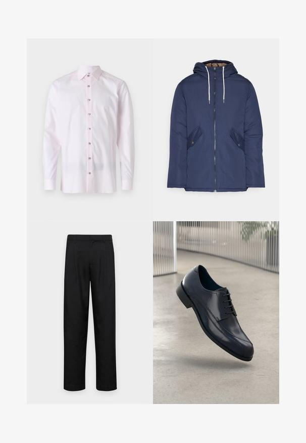 Jūrinė mėlyna pūkinė striukė su kapišonu, turinti priekinį užtrauktuką, dvi šonines kišenes su sagomis ir baltus raiščius.; Šviesiai rožinė ilgomis rankovėmis marškiniai, pagaminti iš lygaus audinio. Turi smailų apykaklę ir sagų užsegimą priekyje su kontrastingomis sagomis.; Juodi kelnių modeliai, pagaminti iš lygios medžiagos, turi tiesią kojas, du priekiniai klostės ir standartinę juosmenį su diržo kilpomis.; Blizgūs juodi odiniai suknelės batai su raišteliais, skirti pakibti virš lygaus, šviesiai pilko grindų paviršiaus ir vertikalių metalinių strypų fone.