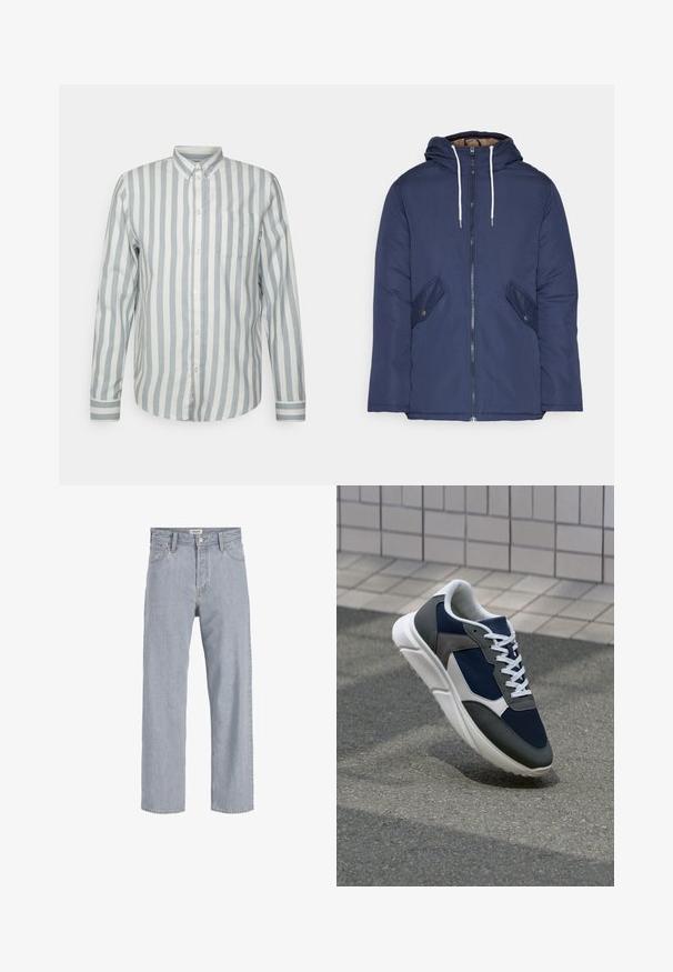 Veste matelassée bleu marine avec capuche, dotée d'une fermeture éclair à l'avant, de deux poches latérales avec boutons et de cordons de serrage blancs.; Chemise à boutons en bleu clair et blanc cassé à rayures. Dispose d'un col classique, de manches longues et d'une poche poitrine. Tissu doux, coupe décontractée.; Jean en denim bleu clair avec une coupe décontractée,à jambe droite, coutures visibles, deux poches avant et fermeture par bouton.; Baskets avec une tige en mesh bleu marine, des accents en suède gris, une semelle en caoutchouc blanc et des lacets plats blancs, conçues pour le confort et la respirabilité.