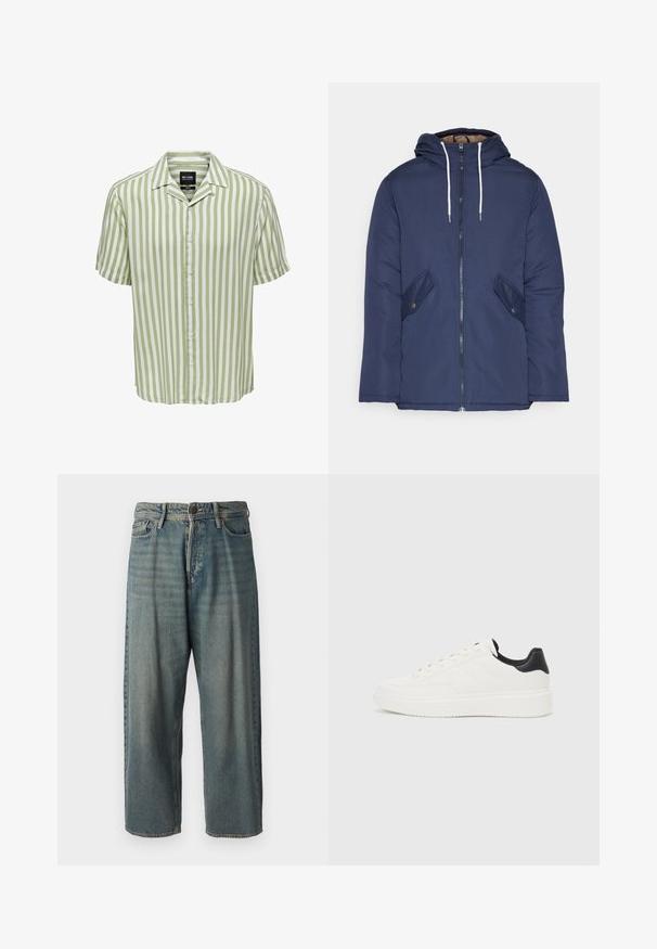 Marineblau gepadded Jacke mit Kapuze, ausgestattet mit einem Reißverschluss vorne, zwei seitlichen Taschen mit Knöpfen und weißen Kordeln.; Gestreiftes Kurzarmhemd in Hellgrün und Weiß. Mit klassischem Kragen und Knopfleiste, in entspannter Passform. Glatte Stoffstruktur.; Helle blaue Denim-Jeans mit lockerer Passform, mittelhoher Taille und geraden Beinen. Hat fünf Taschen, Gürtelschlaufen und einen Knopfverschluss.; Weißes Leder-Sneaker mit geprägtem Muster, strukturierter weißer Zwischensohle und schwarzen Akzenten an der Ferse. Verfügt über eine abgerundete Zehenpartie und flache Schnürsenkel.