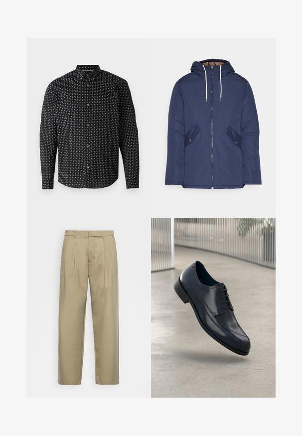 Marineblå polstret jakke med hette, med glidelås foran, to sidelommer med knapper og hvite snorer.; Svart skjorte med knapp-up, prydet med et mønster av hvite kors. Den har lange ermer, krage og knapper i gulltone.; Beige, høytlivs bukser med rett snitt, med flat front, sidelommer og et jevnt, strukturert stoff.; Glans svart lærdressko med snørebånd, svevende over et glatt, lyst grått gulv med vertikale metallstenger i bakgrunnen.