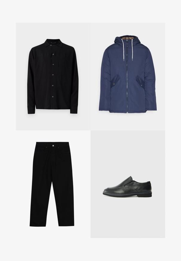 Tumesinine vahtkatseline jakk, millel on kapuuts, esilukk, kaks küljetaskut nupuga ja valged tõmblukud.; Mustmust shirt pikad varrukad, millel on tavaline krae, esipaneelil nupud ja sile tekstuur, otse hem ja nööpidega mansetid.; Mustadest denimist püksid, millel on sirge jalg, viie tasku disain ja eesnupuga sulgur. Sile tekstuur koos minimaalsete õmblustega.; Must musta laia suuga king, millel on sile ülemine osa, õmmeldud detailid, ümmargune nina ja madal kummist konts. Tallal on minimaalne mustr.