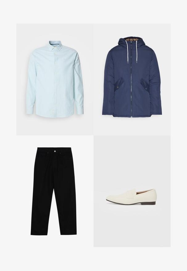 Giacca imbottita blu navy con cappuccio, dotata di zip frontale, due tasche laterali con bottoni e lacci bianchi.; Camicia azzurro chiaro con bottoni, caratterizzata da sottili strisce bianche, maniche lunghe e colletto classico. Include un piccolo logo sul petto.; Pantaloni in denim nero con taglio dritto, design a cinque tasche e chiusura frontale con bottone. Tessuto liscio con dettagli di cucitura minimi.; Mocassini beige chiaro con punta affusolata, materiale liscio, una fascia sulla tomaia e una suola bassa marrone. Design semplice con accenti minimi.