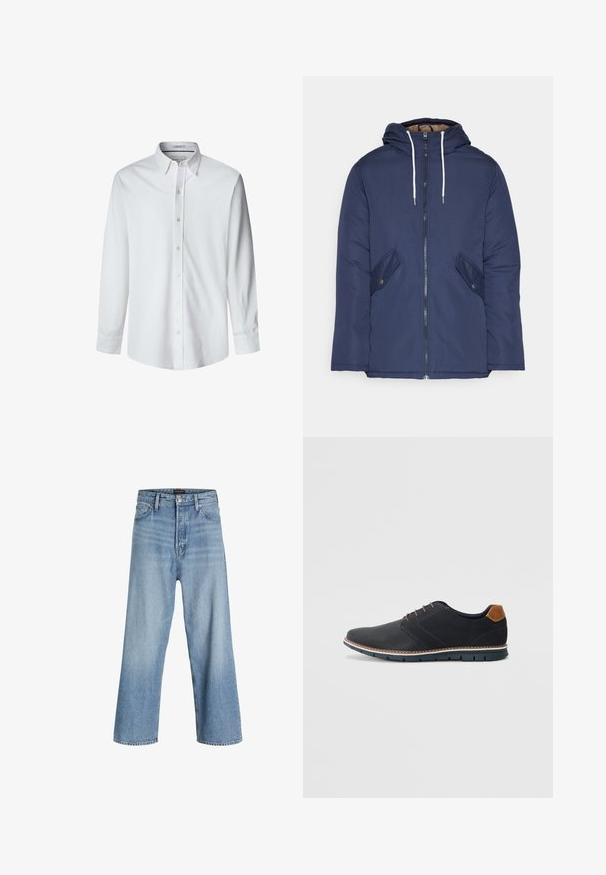 Giacca imbottita blu navy con cappuccio, dotata di zip frontale, due tasche laterali con bottoni e lacci bianchi.; Camicia bianca a maniche lunghe realizzata in tessuto liscio, con colletto button-down e bottoni frontali, con un taglio dritto sull'orlo.; Jeans blu chiaro a gamba larga realizzati in denim, con vita alta, classico design a cinque tasche e chiusura a bottone con zip.; Scarpe sintetiche nere con tomaia testurizzata, dettagli lisci, tacco marrone e suola a contrasto. Presentano una lacerazione minimale e dettagli di cucitura.