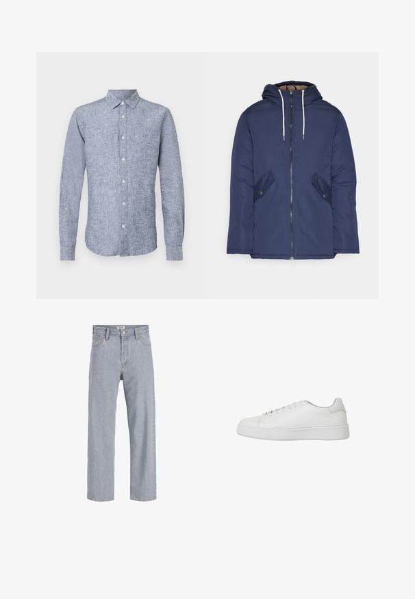 Chaqueta acolchada de color azul marino con capucha, cuenta con un cierre frontal de cremallera, dos bolsillos laterales con botones y cordones blancos.; Camisa de lino azul de manga larga con cuello abotonado, con una tela texturada y un dobladillo curvado. Cinco botones frontales en una sola fila.; Jeans de mezclilla azul claro con un ajuste holgado, diseño de pierna recta, costuras visibles, dos bolsillos frontales y cierre de botón.; Zapatilla blanca de cuero suave con punta redonda, detalles cosidos y suela plana de goma. Diseño minimalista con cierre de cordones.