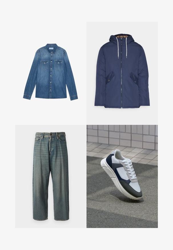 Marineblå polstret jakke med hette, med glidelås foran, to sidelommer med knapper og hvite snorer.; Mørkeblå denimskjorte med lange ermer, klassisk krage, knappest closure, to brystlommer og kontrasterende sømmer.; Lyseblå denimjeans med løs passform, midjehøyde og rette ben. Har fem lommer, beltehemper og knappelukking.; Hvitt, marineblått og grått sportsko med en blandet materialdesign, som har en teksturert overdel, flate snørebånd og en polstret såle.