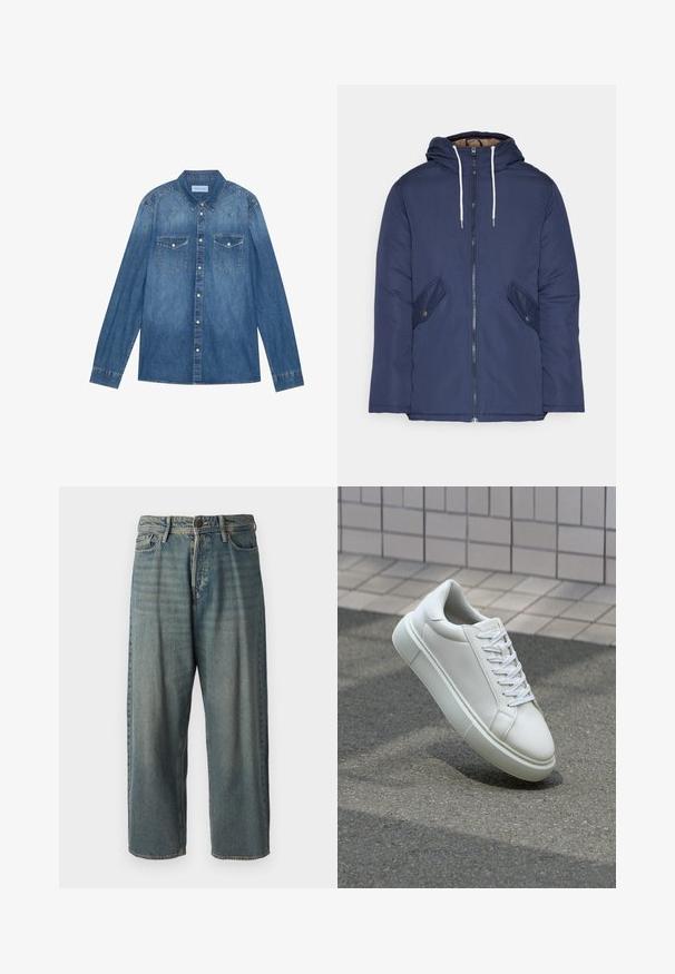 Námorně modrá prošívaná bunda s kapucí, která má přední zip, dvě boční kapsy s knoflíky a bílé šňůrky.; Tmavě modrá džínová košile s dlouhými rukávy, klasickým límcem, zapínáním na knoflíky, dvěma náprsními kapsami a kontrastním švem na švech.; Světle modré denimové džíny s volným střihem, středně vysokým pasem a rovnými nohavicemi. Obsahují pět kapes, poutka na opasek a zapínání na knoflík.; Bílé kožené tenisky s hladkým povrchem, kulatou špičkou a plochými bílými tkaničkami. Disponují texturovanou gumovou podrážkou a minimálními designovými prvky.