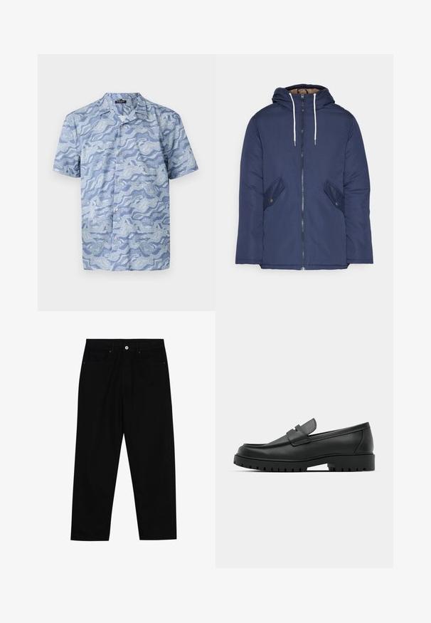 Marineblå polstret jakke med hette, med glidelås foran, to sidelommer med knapper og hvite snorer.; Kortermet skjorte i lyseblå med bølgemønster. Laget av myk stoff, med knapplukking foran og en camp-stil krage.; Sorte denimbukser med rett benklipp, fem-lomme design og frontknappåpning. Jevn tekstur med minimale sømdetaljer.; Sorte lærloafere med rund tå, med en syddesign, lav plattformsåle og en teksturert, ruggede gummisåle.
