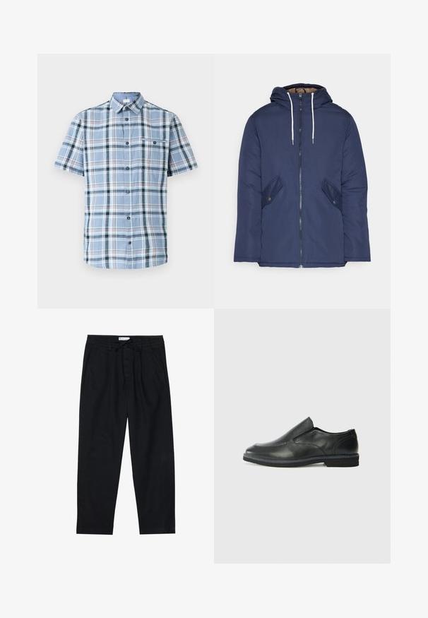 Marineblå polstret jakke med hette, med glidelås foran, to sidelommer med knapper og hvite snorer.; Kortermet skjorte med knapp i lyseblå rutete mønster med mørkeblå, hvite og røde detaljer. Har en brystlomme og en glatt tekstur.; Pier One Chinos - black; Sorte skinn slip-on sko med en jevn overflate, stikking detaljer, rund tå og en lav gummihæl. Sålen har minimal mønstring.