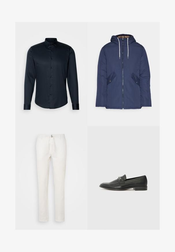 Marineblå polstret jakke med hette, med glidelås foran, to sidelommer med knapper og hvite snorer.; Lindbergh PLAIN - Skjorte - navy; Hvite linbukser med snøring i livet, rett ben-design og subtil tekstur. Ingen synlige lommer eller mønstre.; Sorte skinnloafers med en glatt finish, og med en sydd design og en dekorativ metallkjedeakcent over foten. Flat hæl.