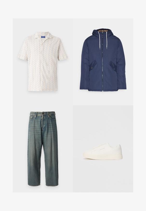 Mornarsko modra podložena jakna s kapuco, ki ima sprednji zadrgo, dva stranska žepa s gumbi in bele vrvice.; Majica s kratkimi rokavi in gumbi v svetlih barvah, z zigzag vzorcem, ovratnikom in petimi sprednjimi gumbi. Narejena iz zračnega materiala.; Svetlomoderne kavbojke z ohlapnim krojem, srednjim pasom in ravnimi nogami. Imajo pet žepov, zanke za pas in zapiranje na gumb.; Bele zapete brez vezalk z teksturirano površino, debelim podplatom in minimalističnim dizajnom. Na strani se nahaja logotip blagovne znamke.