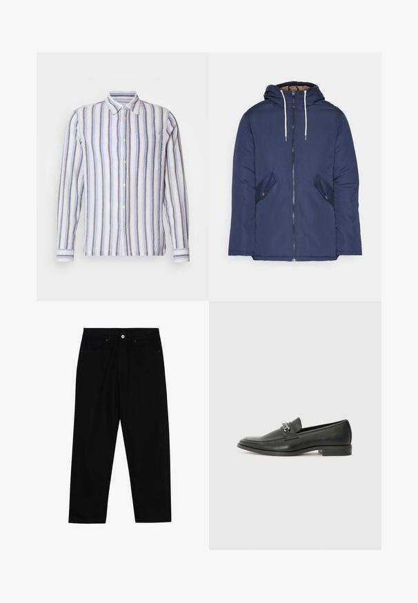 Navy blue padded jacket with a hood, featuring a front zipper, two side pockets with buttons, and white drawstrings.; Striped long-sleeve shirt featuring alternating blue, white, and gray stripes. Button front, single chest pocket, and green embroidered detail.; Black denim pants featuring a straight-leg cut, five-pocket design, and a front button closure. Smooth texture with minimal stitching details.; Black leather loafer with a smooth finish, featuring a stitched design and a decorative metal chain accent across the vamp. Flat heel.