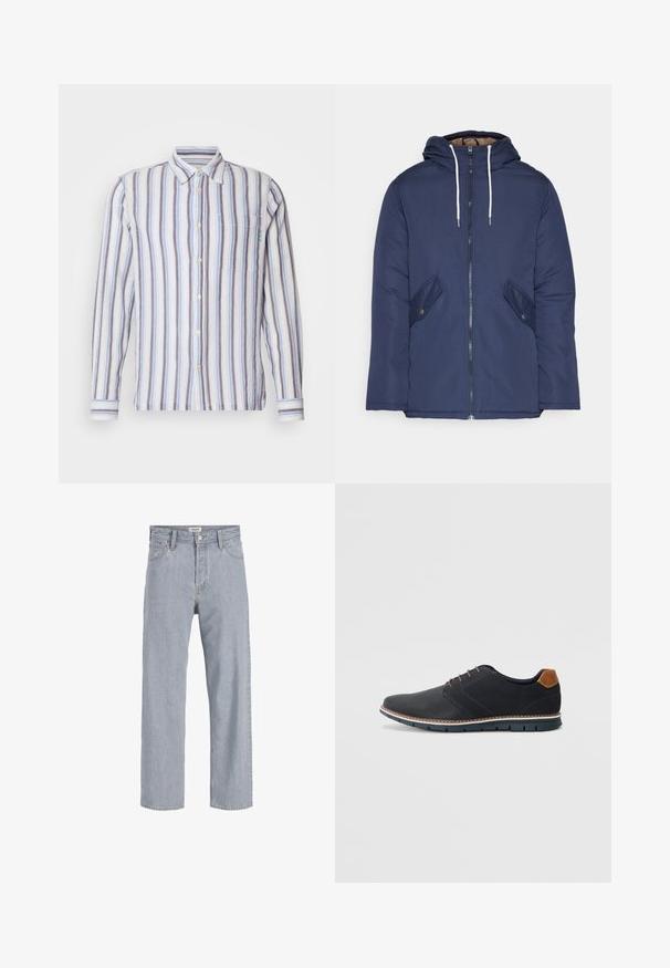 Námornícky modrá vystužená bunda s kapucňou, so zipsom vpredu, dvomi bočnými vreckami s gombíkmi a bielymi šnúrkami.; Pruhovaná košeľa s dlhým rukávom s modulovanými modrými, bielymi a sivými pruhmi. Predné zapínanie na gombíky, jedna náprsní vrecko a zelený vyšitý detail.; Svetlomodré džínsy s uvoľneným strihom, rovný strih nohavíc, viditeľné stehy, dve predné vrecká a zapínanie na gombík.; Čierne syntetické topánky so štruktúrovaným zvrškom, hladkými akcentmi, hnedým opätkom a kontrastnou podrážkou. Majú minimálne šnurovanie a detaily prešitia.