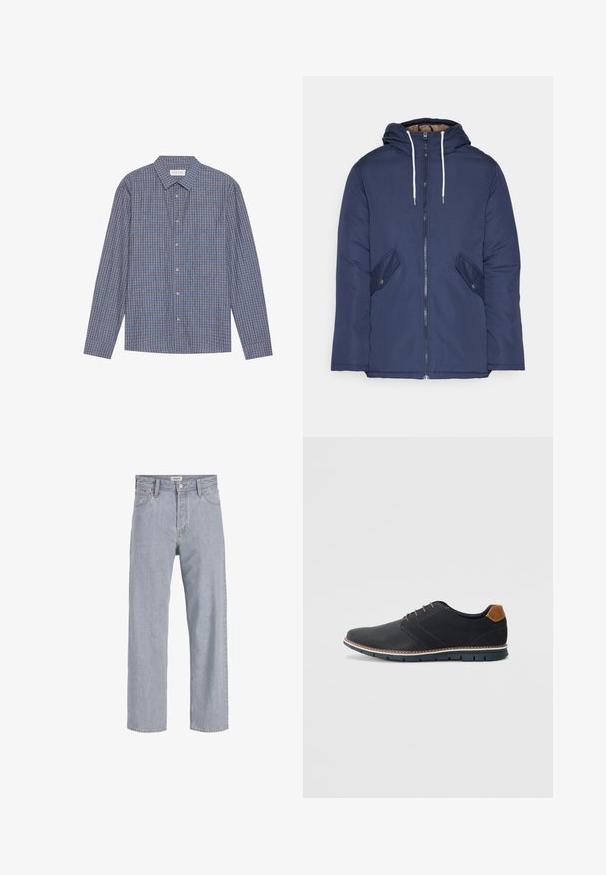 Chaqueta acolchada de color azul marino con capucha, cuenta con un cierre frontal de cremallera, dos bolsillos laterales con botones y cordones blancos.; Camisa de manga larga a cuadros azules y marrones con cuello puntual, cierre de botones en el frente y puños simples. Tejido suave, ajuste regular.; Jeans de mezclilla azul claro con un ajuste holgado, diseño de pierna recta, costuras visibles, dos bolsillos frontales y cierre de botón.; Zapatos sintéticos negros con un upper texturizado, acentos lisos, tacón marrón y una suela en contraste. Presenta un cordón mínimo y detalles de costura.