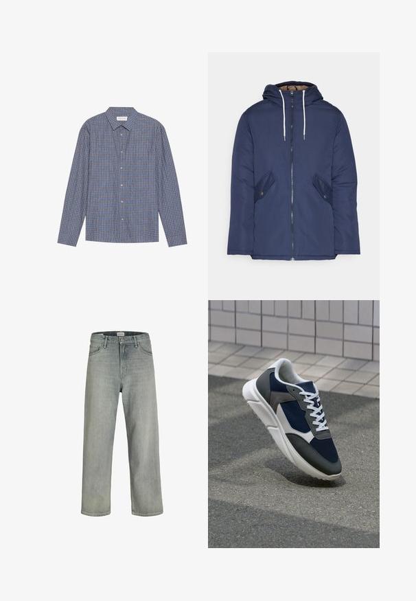 Navy blue padded jacket with a hood, featuring a front zipper, two side pockets with buttons, and white drawstrings.; Blue and brown checkered long-sleeve shirt with a pointed collar, button front, and single cuffs. Soft fabric, regular fit.; Light gray, loose-fitting jeans made of denim. Features a classic five-pocket design, belt loops, and a straight leg silhouette.; Sneaker featuring a navy blue mesh upper, gray suede accents, white rubber sole, and flat white laces, designed for comfort and breathability.