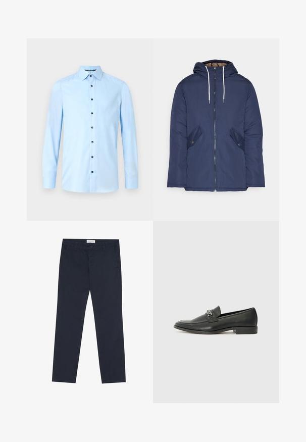 Navy blue padded jacket with a hood, featuring a front zipper, two side pockets with buttons, and white drawstrings.; Light blue button-up shirt made of smooth fabric. Features a classic collar, long sleeves, and dark buttons on the front placket.; Navy blue chinos made of cotton with a smooth texture, featuring a zip fly, belt loops, and side pockets for functionality.; Black leather loafer with a smooth finish, featuring a stitched design and a decorative metal chain accent across the vamp. Flat heel.