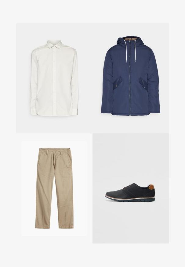 Casaco acolchoado azul-marinho com capuz, apresentando um fecho frontal com zíper, dois bolsos laterais com botões e cordões brancos.; Jack & Jones JJJOE PRINT SHIRT - Camisa formal - crockery; Chinos bege de perna reta com passantes para cinto, fecho frontal com botão e fecho de correr, e bolsos frontais inclinados.; Sapatos sintéticos pretos com um upper texturizado, pormenores lisos, salto castanho e uma sola contrastante. Apresentam um sistema de atacadores mínimo e detalhes de costura.