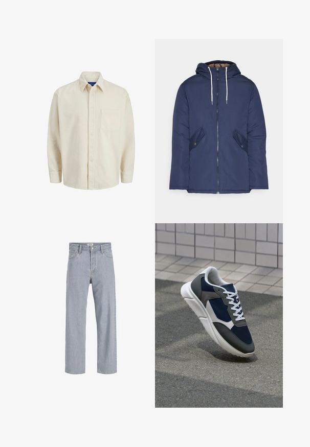 Laivasilkkinen vuorattu takki hupulla, jossa on etuvetoketju, kaksi nappikiinnityksellä varustettua sivutaskua ja valkoiset nyörit.; Beige corduroy-paita nappisuljennuksella, kauluksella, pitkillä hihoilla ja yhdellä rintataskulla. Sisältää kapeita pystysuoria raidoituksia.; Vaaleansiniset farkut rento istuvuus, suorat lahkeet, näkyvät saumat, kaksi etutaskua ja napitus.; Kengät, joissa on tummansininen verkkopäällinen, harmaat mokka-yksityiskohdat, valkoinen kumipohja ja litteät valkoiset nauhat, suunniteltu mukavuutta ja hengittävyyttä varten.