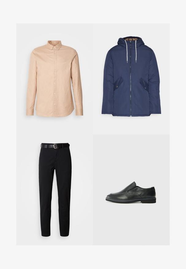 Giacca imbottita blu navy con cappuccio, dotata di zip frontale, due tasche laterali con bottoni e lacci bianchi.; Camicia button-up beige chiaro in cotone, con maniche lunghe, colletto aderente e un piccolo logo sul petto. Tessuto liscio, design classico.; Pantaloni neri a gamba dritta, con una texture morbida e una cintura in pelle nera con una fibbia argentata. Design semplice, senza motivi o accenti.; Scarpa nera in pelle con inserto scivolare, superiore liscio, dettagli cuciti, punta arrotondata e tacco in gomma basso. La suola presenta un battistrada minimale.