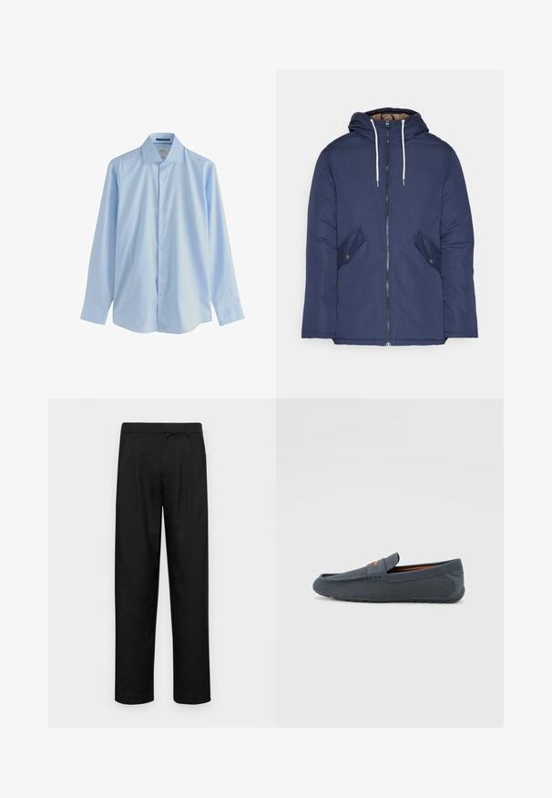 Giacca imbottita blu navy con cappuccio, dotata di zip frontale, due tasche laterali con bottoni e lacci bianchi.; Camicia a maniche lunghe azzurro chiaro con bottoni, realizzata in tessuto morbido, con colletto a punta e sette bottoni frontali, caratterizzata da una vestibilità rilassata e maniche con polsini.; Pantaloni neri realizzati in tessuto liscio, caratterizzati da un taglio dritto, due pieghe frontali e una vita standard con passanti per la cintura.; Mocassini grigi perforati con design slip-on, caratterizzati da un accento arancione, punta arrotondata e suola in gomma testurizzata.