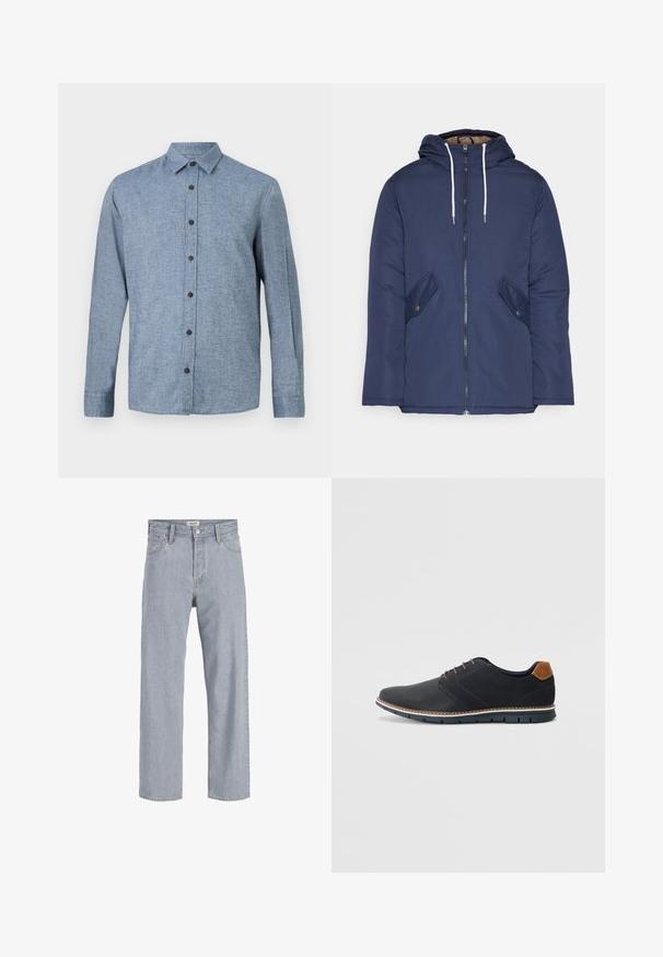 Giacca imbottita blu navy con cappuccio, dotata di zip frontale, due tasche laterali con bottoni e lacci bianchi.; Camicia button-up a manica lunga in tessuto blu chiaro con una trama testurizzata, dotata di colletto e sei bottoni marroni scuro lungo il davanti.; Jeans in denim azzurro chiaro con vestibilità rilassata, design a gamba dritta, cuciture visibili, due tasche frontali e chiusura con bottone.; Scarpe sintetiche nere con tomaia testurizzata, dettagli lisci, tacco marrone e suola a contrasto. Presentano una lacerazione minimale e dettagli di cucitura.