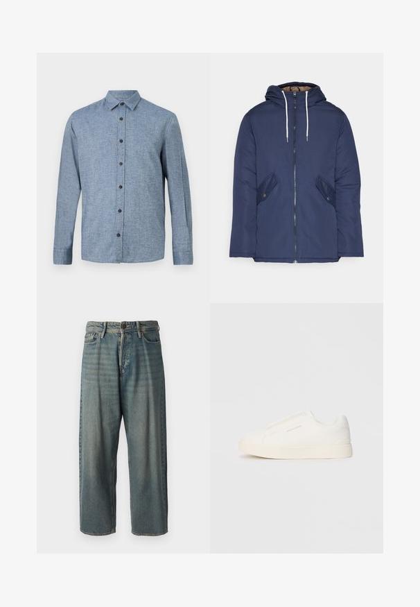 Giacca imbottita blu navy con cappuccio, dotata di zip frontale, due tasche laterali con bottoni e lacci bianchi.; Camicia button-up a manica lunga in tessuto blu chiaro con una trama testurizzata, dotata di colletto e sei bottoni marroni scuro lungo il davanti.; Jeans di denim azzurro chiaro con vestibilità ampia, vita media e gambe dritte. Presenta cinque tasche, passanti per cintura e chiusura con bottone.; Sneakers bianchi slip-on con superficie texturizzata, suola spessa e design minimalista. Presentano il logo del marchio sul lato.