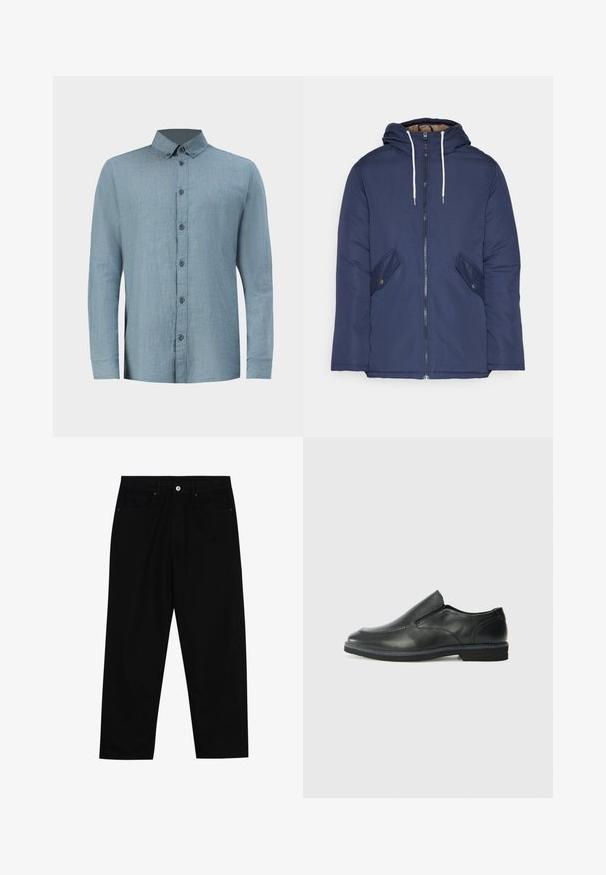 Giacca imbottita blu navy con cappuccio, dotata di zip frontale, due tasche laterali con bottoni e lacci bianchi.; Camicetta a quadri blu chiaro in cotone con colletto a bottoni, taschino singolo sul petto e maniche lunghe con polsini abbottonati.; Pantaloni in denim nero con taglio dritto, design a cinque tasche e chiusura frontale con bottone. Tessuto liscio con dettagli di cucitura minimi.; Scarpa nera in pelle con inserto scivolare, superiore liscio, dettagli cuciti, punta arrotondata e tacco in gomma basso. La suola presenta un battistrada minimale.